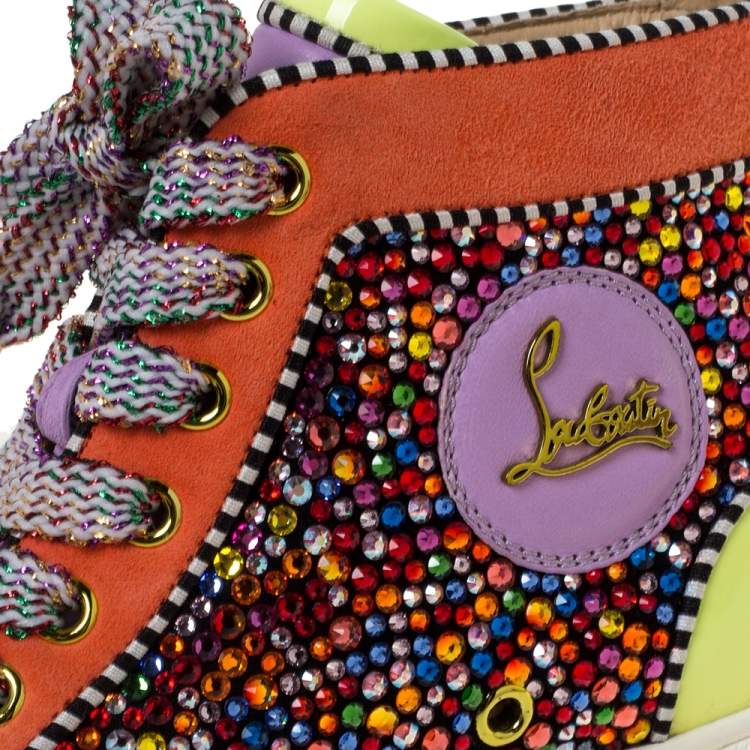 Pre Owned Christian Louboutin Multicolor Crystal Embellished Suede And Patent Leather Louis High Top Sneakers Size 35