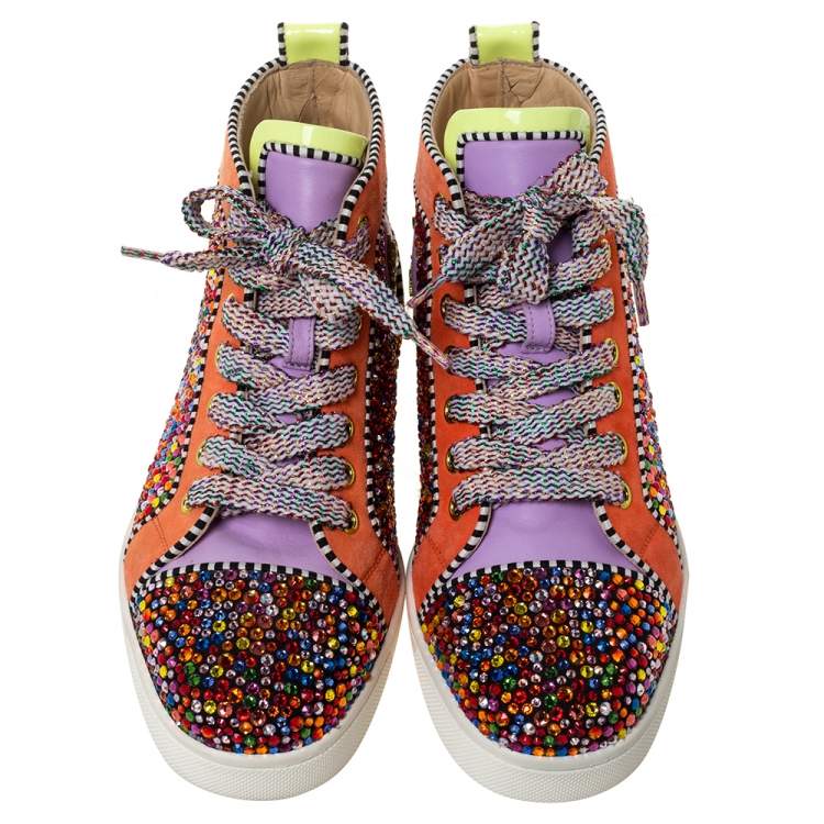 Pre Owned Christian Louboutin Multicolor Crystal Embellished Suede And Patent Leather Louis High Top Sneakers Size 35