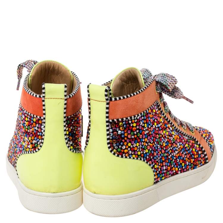 Pre Owned Christian Louboutin Multicolor Crystal Embellished Suede And Patent Leather Louis High Top Sneakers Size 35