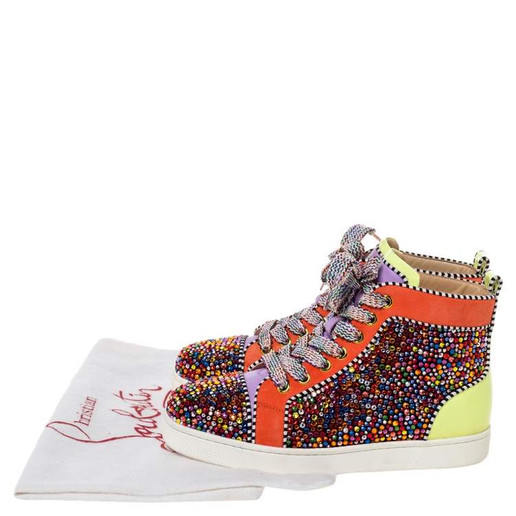 Pre Owned Christian Louboutin Multicolor Crystal Embellished Suede And Patent Leather Louis High Top Sneakers Size 35