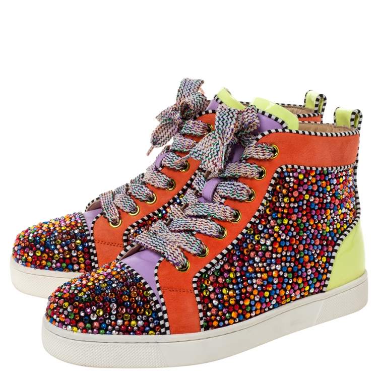 Pre Owned Christian Louboutin Multicolor Crystal Embellished Suede And Patent Leather Louis High Top Sneakers Size 35