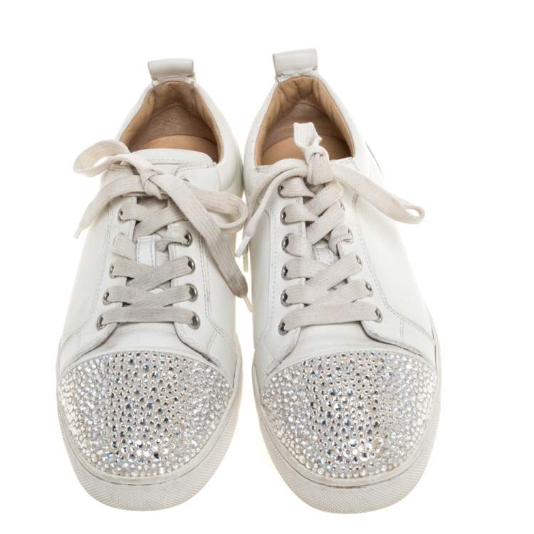 Pre Owned Christian Louboutin White Leather Gondola Strass Low Top Sneakers Size 37.5