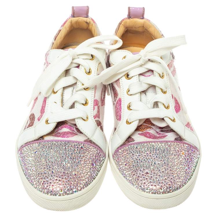 Pre Owned Christian Louboutin Multicolor Leather and Canvas Gondola Strass Kiss Low Top Sneakers Size 37.5