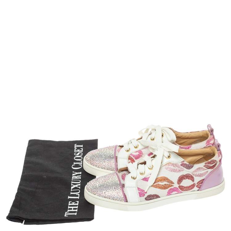 Pre Owned Christian Louboutin Multicolor Leather and Canvas Gondola Strass Kiss Low Top Sneakers Size 37.5