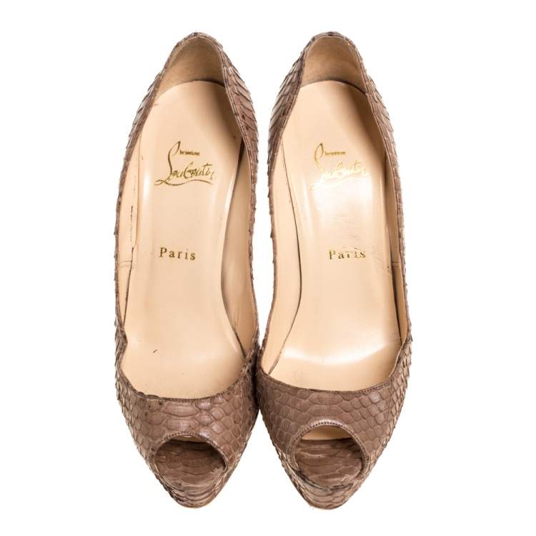 Pre Owned Christian Louboutin Brown Python Peep Toe Platform Pumps Size 38.5
