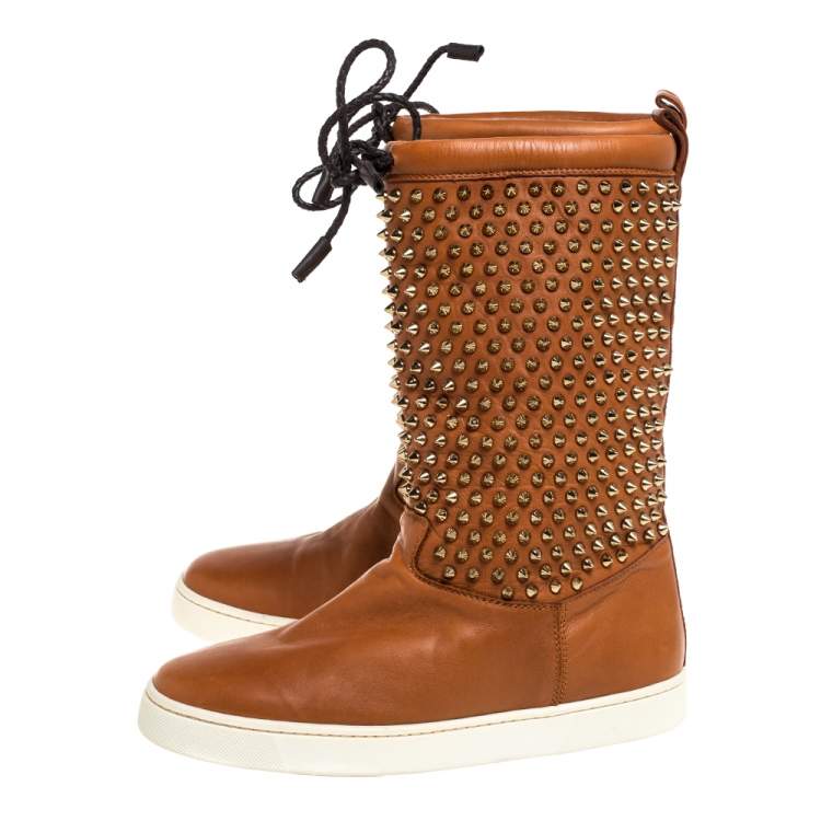 Pre Owned Christian Louboutin Brown Leather Surlapony Spike Mid Calf Sneakers Boots Size 39