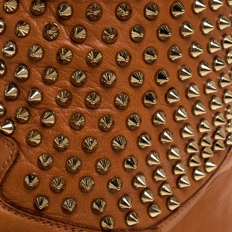 Pre Owned Christian Louboutin Brown Leather Surlapony Spike Mid Calf Sneakers Boots Size 39