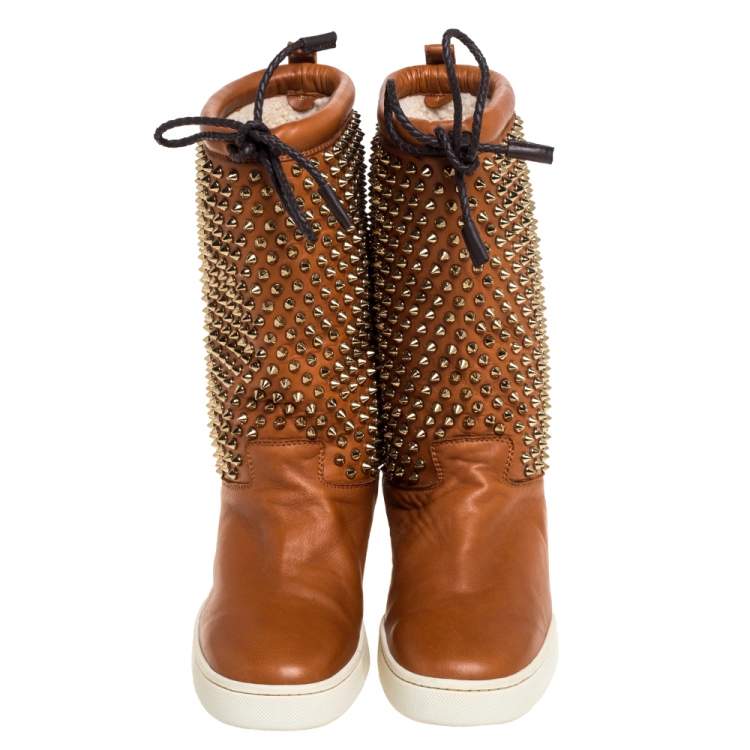 Pre Owned Christian Louboutin Brown Leather Surlapony Spike Mid Calf Sneakers Boots Size 39