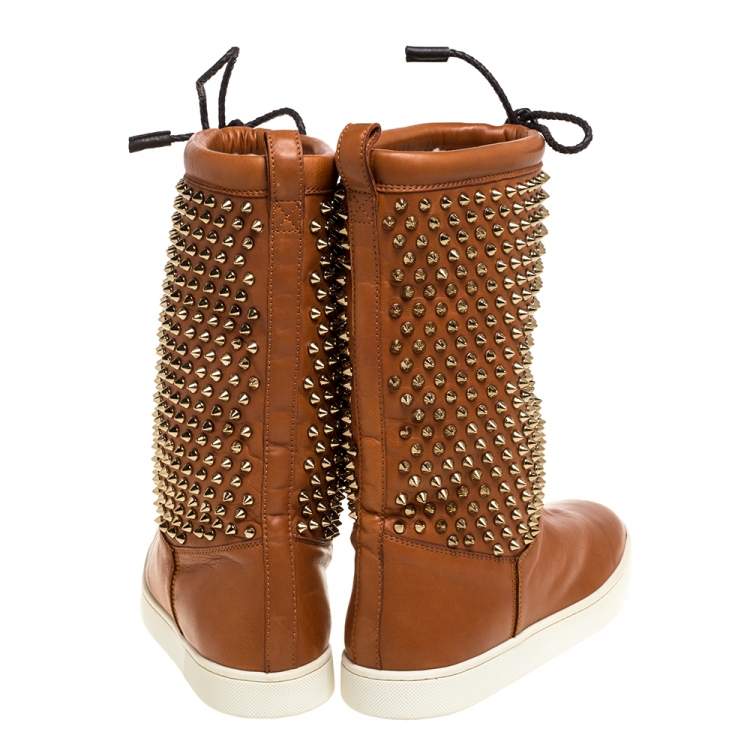 Pre Owned Christian Louboutin Brown Leather Surlapony Spike Mid Calf Sneakers Boots Size 39