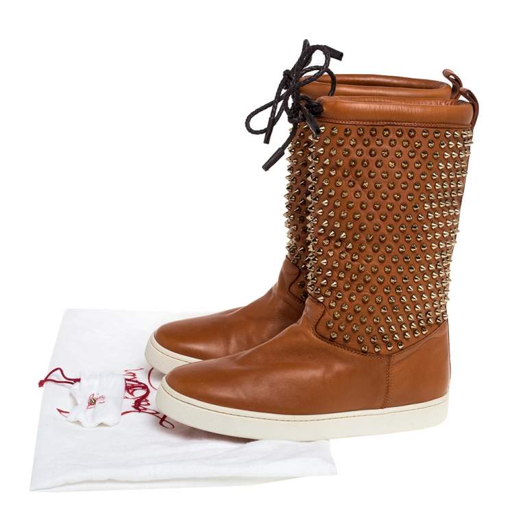 Pre Owned Christian Louboutin Brown Leather Surlapony Spike Mid Calf Sneakers Boots Size 39