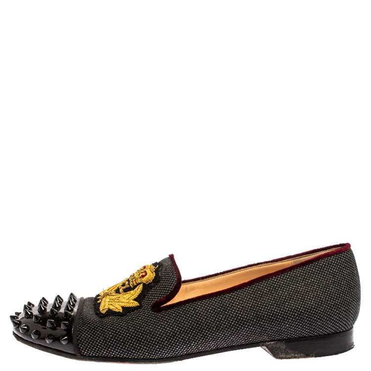 Pre Owned Christian Louboutin Black Canvas And Patent Leather Harvanana Spiked Cap Toe Smoking Slippers Size 38