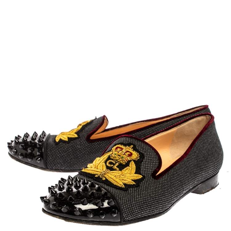 Pre Owned Christian Louboutin Black Canvas And Patent Leather Harvanana Spiked Cap Toe Smoking Slippers Size 38