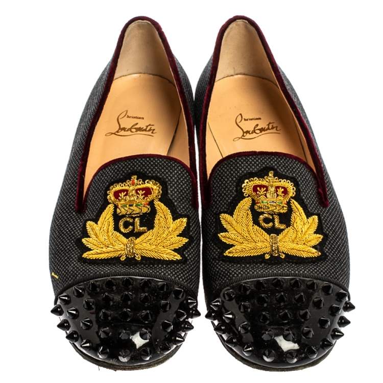 Pre Owned Christian Louboutin Black Canvas And Patent Leather Harvanana Spiked Cap Toe Smoking Slippers Size 38