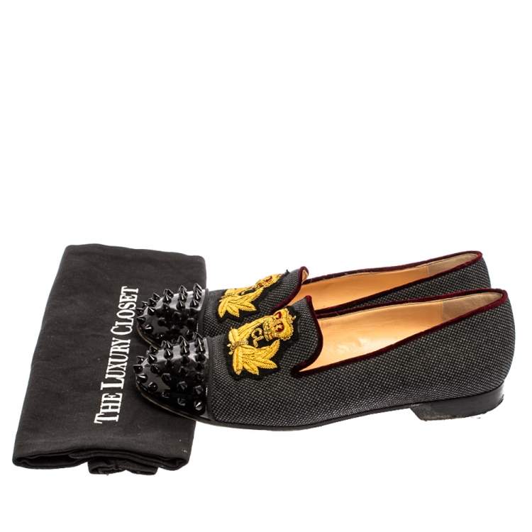 Pre Owned Christian Louboutin Black Canvas And Patent Leather Harvanana Spiked Cap Toe Smoking Slippers Size 38