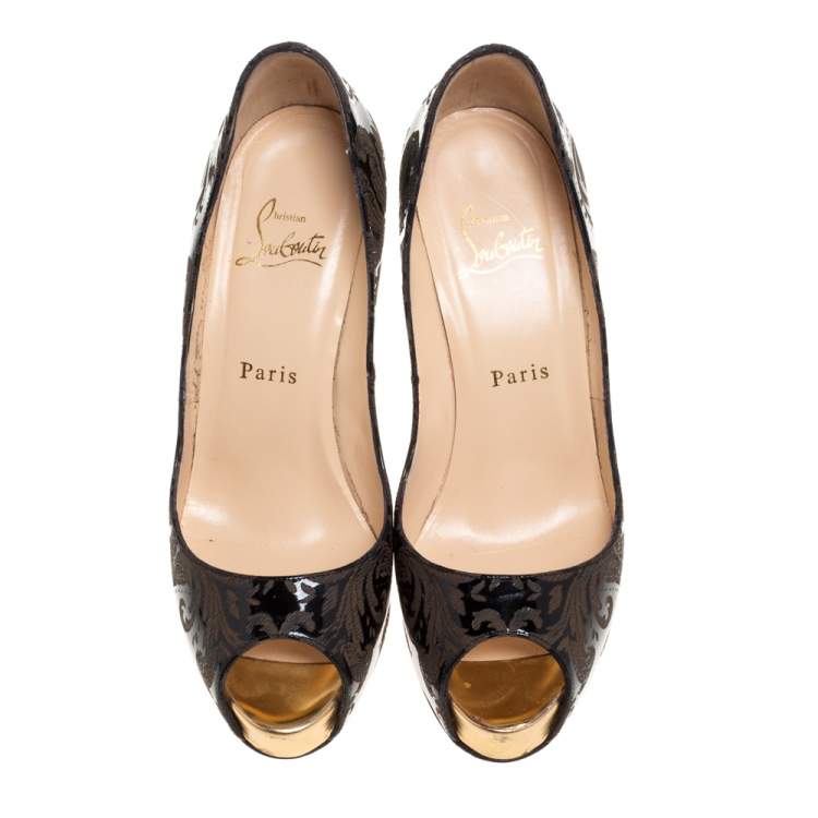 Pre Owned Christian Louboutin Black Arabesque Patent Leather Very Prive Peep Toe Platform Pumps Size 38