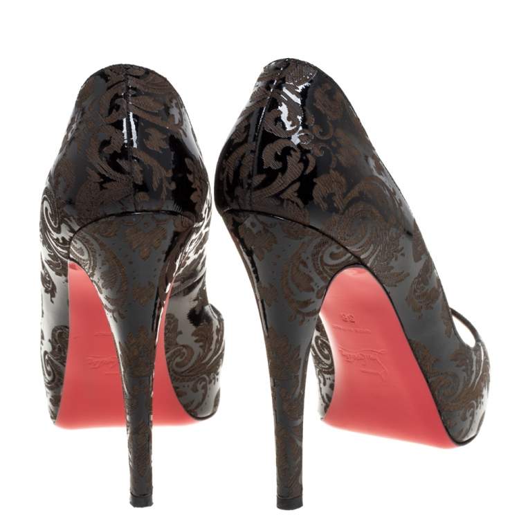 Pre Owned Christian Louboutin Black Arabesque Patent Leather Very Prive Peep Toe Platform Pumps Size 38