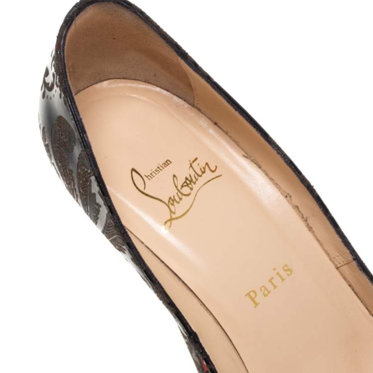 Pre Owned Christian Louboutin Black Arabesque Patent Leather Very Prive Peep Toe Platform Pumps Size 38