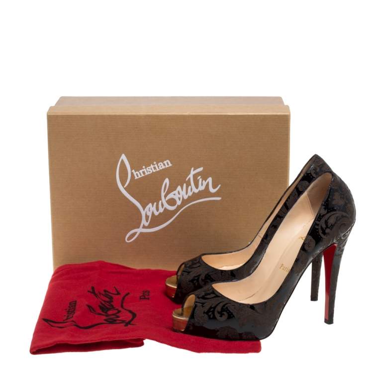 Pre Owned Christian Louboutin Black Arabesque Patent Leather Very Prive Peep Toe Platform Pumps Size 38
