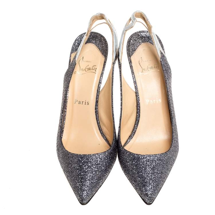 Pre Owned Christian Louboutin Metallic Grey Coarse Glitter Back2 Slingback Sandals Size 38.5