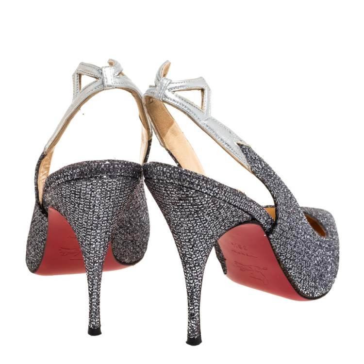 Pre Owned Christian Louboutin Metallic Grey Coarse Glitter Back2 Slingback Sandals Size 38.5