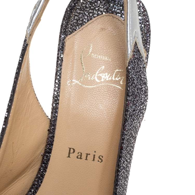 Pre Owned Christian Louboutin Metallic Grey Coarse Glitter Back2 Slingback Sandals Size 38.5