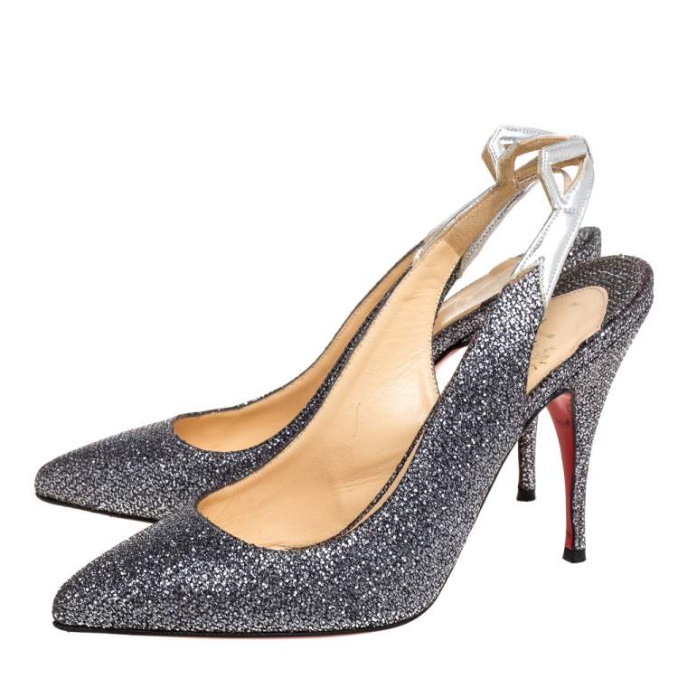 Pre Owned Christian Louboutin Metallic Grey Coarse Glitter Back2 Slingback Sandals Size 38.5