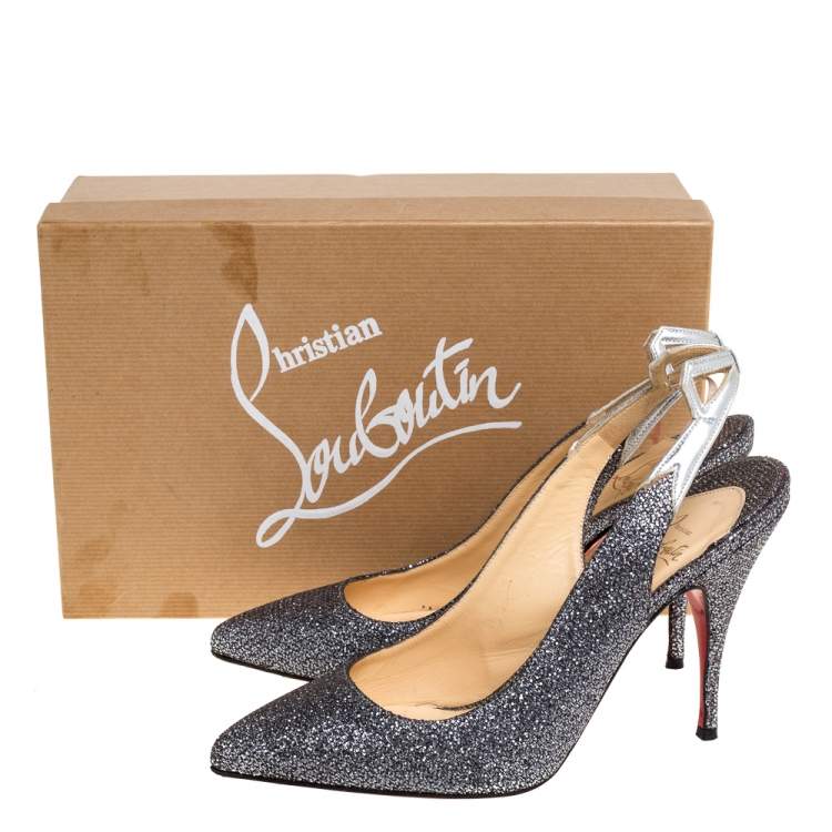 Pre Owned Christian Louboutin Metallic Grey Coarse Glitter Back2 Slingback Sandals Size 38.5