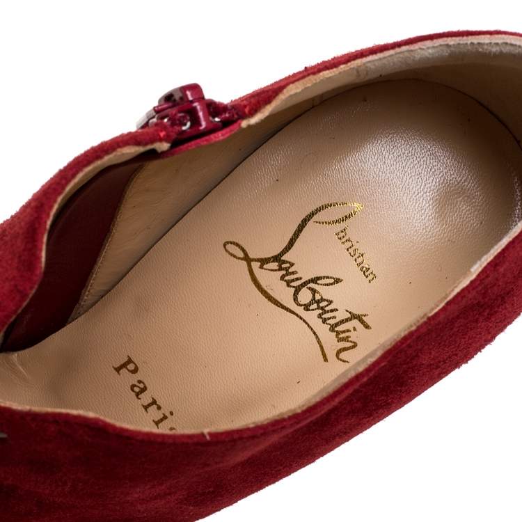 Pre Owned Christian Louboutin Red Suede Recouzetta Peep Toe Platform Ankle Boots Size 36.5