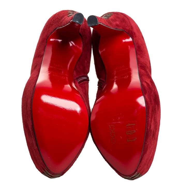 Pre Owned Christian Louboutin Red Suede Recouzetta Peep Toe Platform Ankle Boots Size 36.5