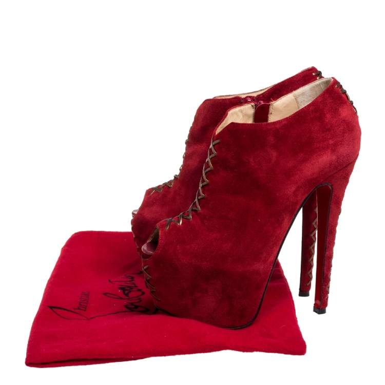 Pre Owned Christian Louboutin Red Suede Recouzetta Peep Toe Platform Ankle Boots Size 36.5