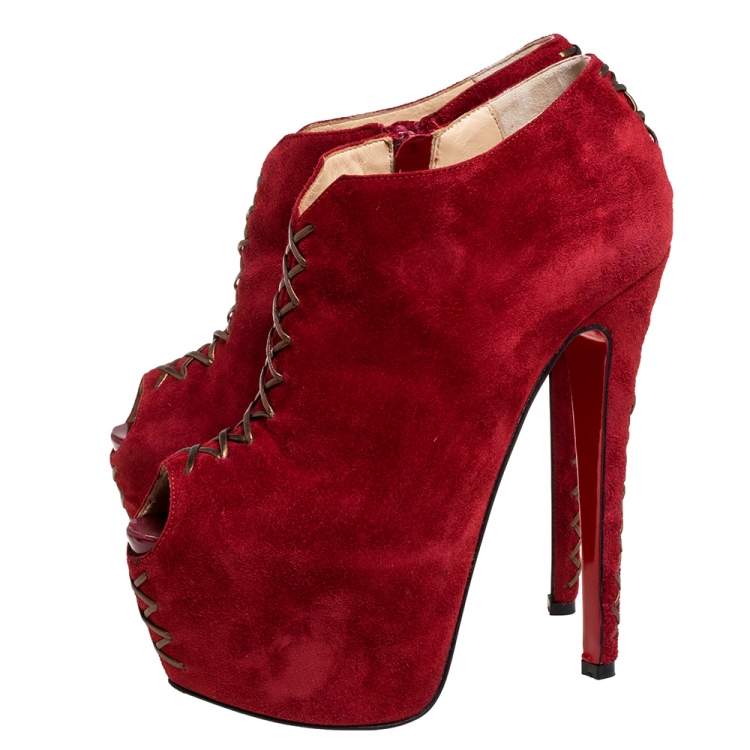Pre Owned Christian Louboutin Red Suede Recouzetta Peep Toe Platform Ankle Boots Size 36.5