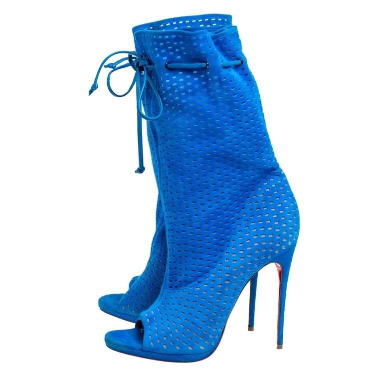مملوكة مسبقًا Christian Louboutin Light Blue Perforated Suede Jennifer Wrap Boots Size 41