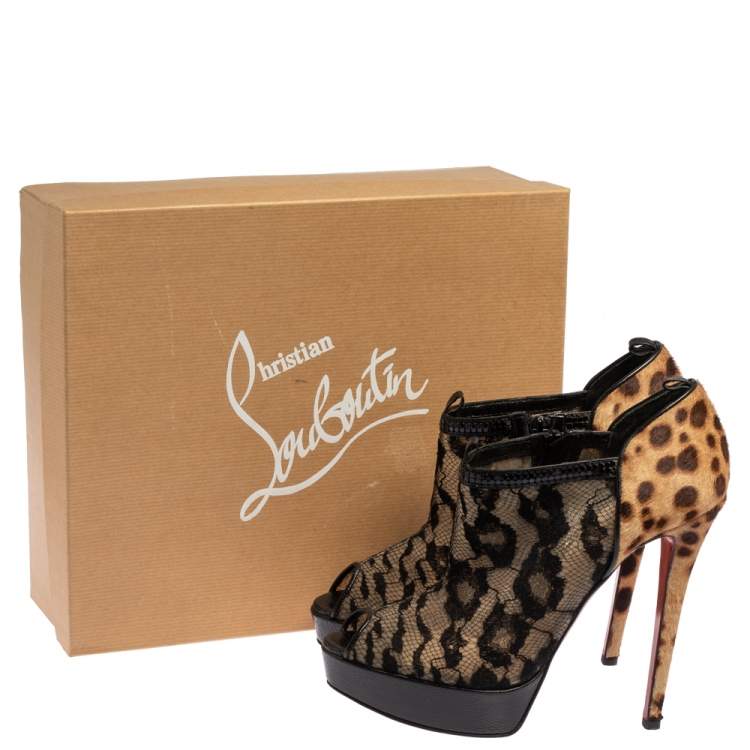 Pre Owned Christian Louboutin Black/Brown Leopard Pony Hair And Lace Bridget Peep Toe Ankle Booties Size 39