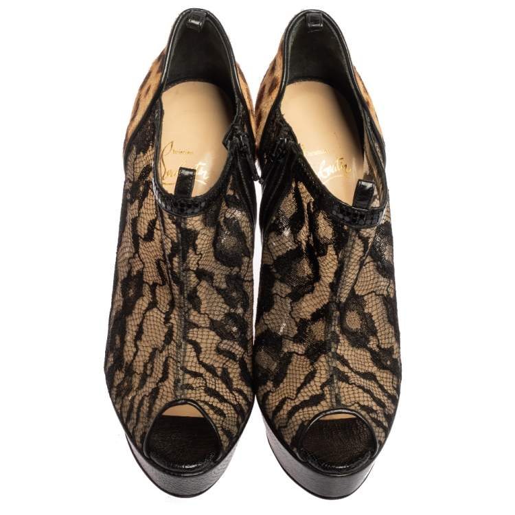 Pre Owned Christian Louboutin Black/Brown Leopard Pony Hair And Lace Bridget Peep Toe Ankle Booties Size 39