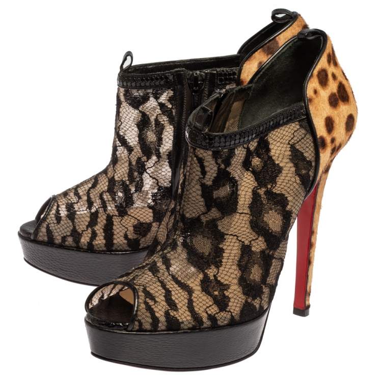 Pre Owned Christian Louboutin Black/Brown Leopard Pony Hair And Lace Bridget Peep Toe Ankle Booties Size 39