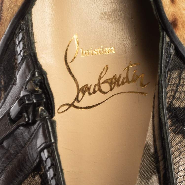 Pre Owned Christian Louboutin Black/Brown Leopard Pony Hair And Lace Bridget Peep Toe Ankle Booties Size 39