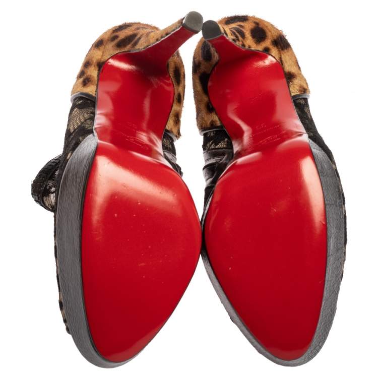 Pre Owned Christian Louboutin Black/Brown Leopard Pony Hair And Lace Bridget Peep Toe Ankle Booties Size 39