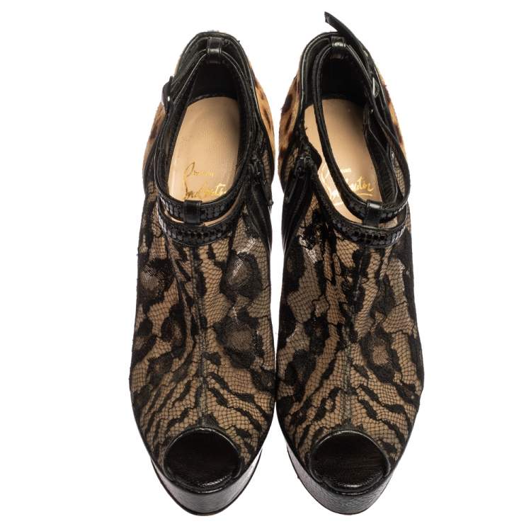 Pre Owned Christian Louboutin Black/Brown Leopard Pony Hair And Lace Bridget Peep Toe Platform Ankle Strap Booties Size 40