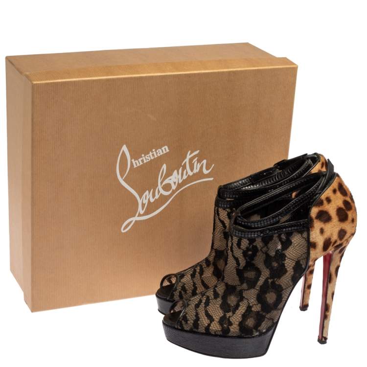 Pre Owned Christian Louboutin Black/Brown Leopard Pony Hair And Lace Bridget Peep Toe Platform Ankle Strap Booties Size 40