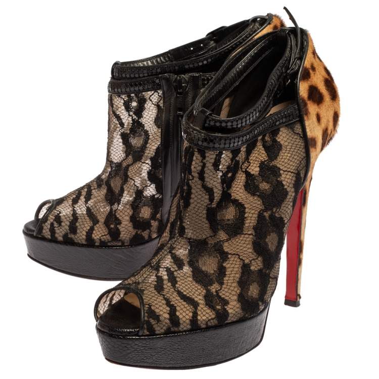 Pre Owned Christian Louboutin Black/Brown Leopard Pony Hair And Lace Bridget Peep Toe Platform Ankle Strap Booties Size 40