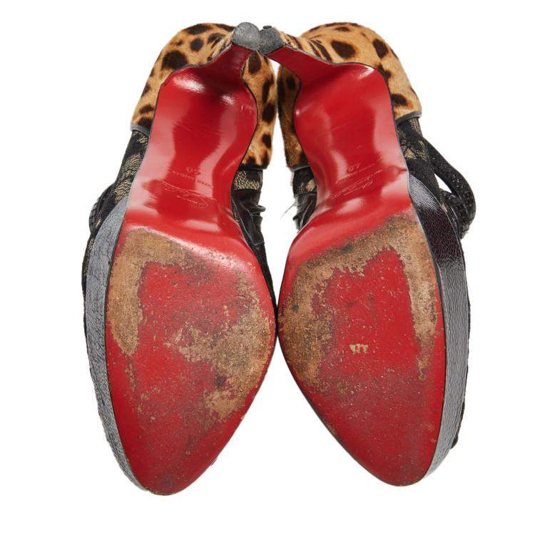 Pre Owned Christian Louboutin Black/Brown Leopard Pony Hair And Lace Bridget Peep Toe Platform Ankle Strap Booties Size 40