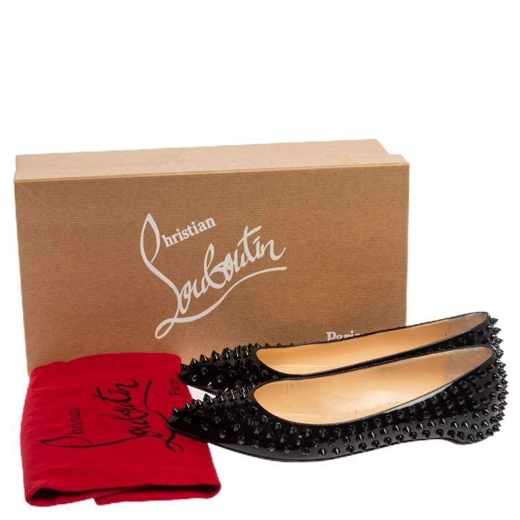 Pre Owned Christian Louboutin Black Patent Leather Spike Pointed Toe Ballet Flats Size 38.5