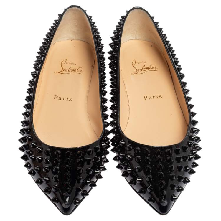 Pre Owned Christian Louboutin Black Patent Leather Spike Pointed Toe Ballet Flats Size 38.5