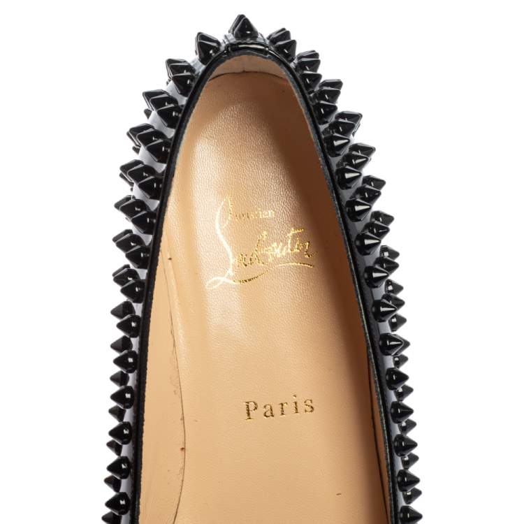 Pre Owned Christian Louboutin Black Patent Leather Spike Pointed Toe Ballet Flats Size 38.5
