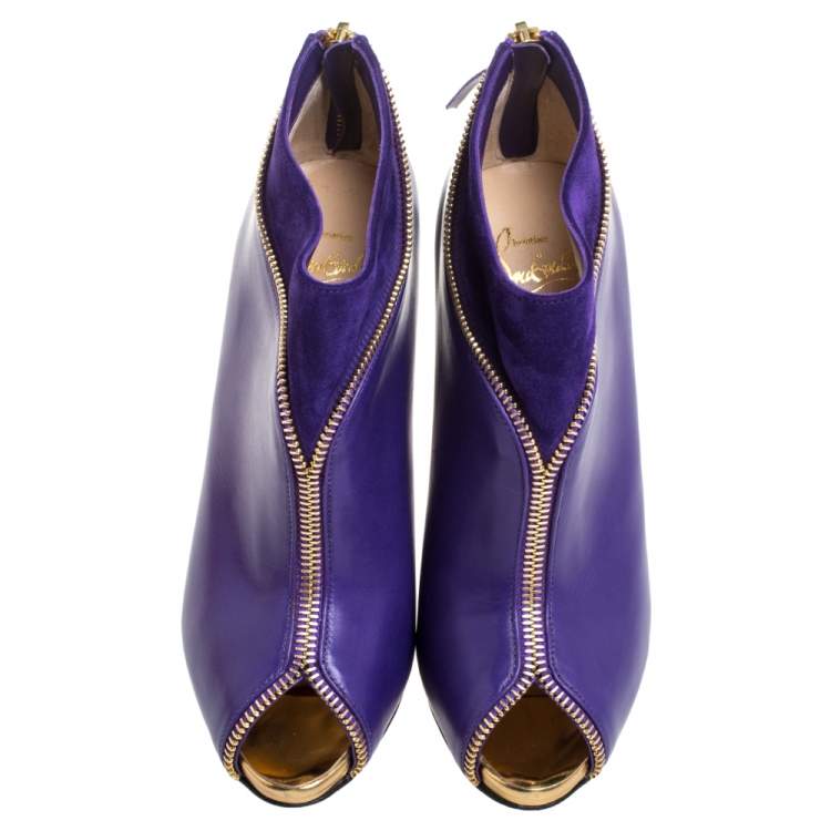 مملوكة مسبقًا Christian Louboutin Purple Leather And Suede Clo Zippe Peep Toe Boots Size 36