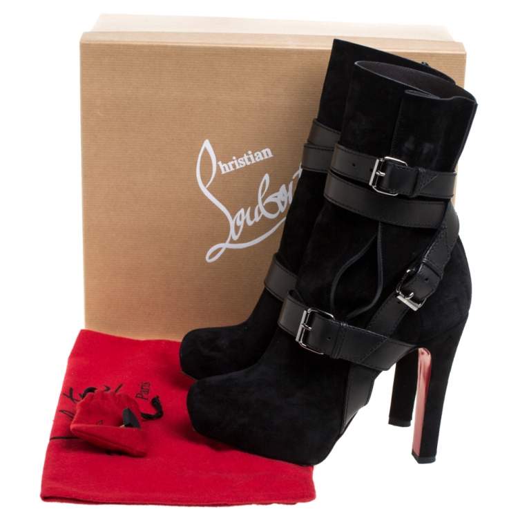 Pre Owned Christian Louboutin Black Suede Leather Guerriere 120 Buckle Platform Ankle Boots Size 38.5