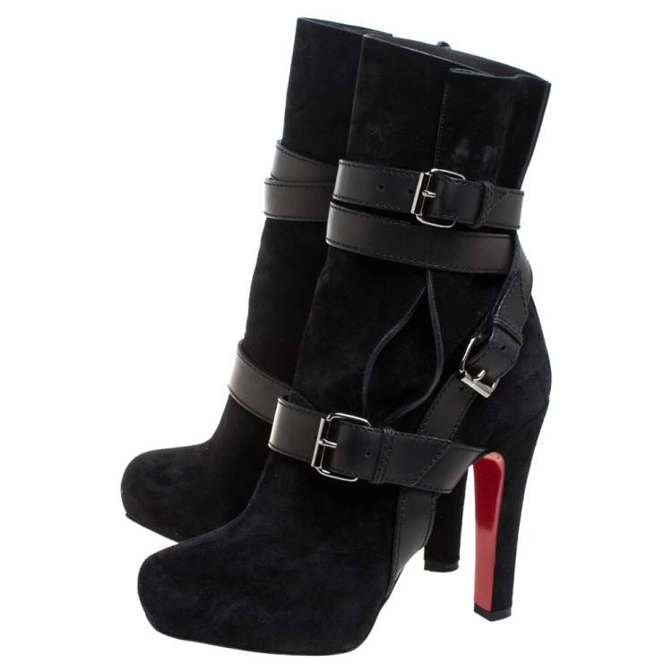 Pre Owned Christian Louboutin Black Suede Leather Guerriere 120 Buckle Platform Ankle Boots Size 38.5