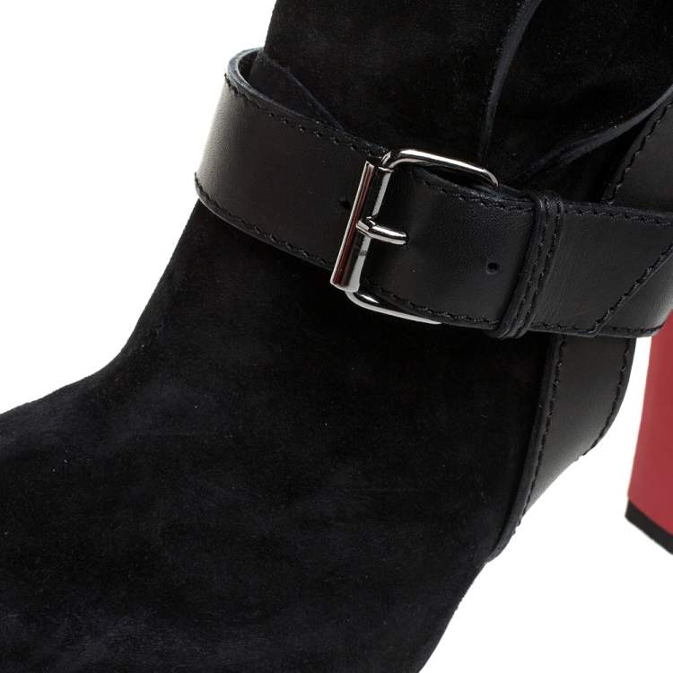 Pre Owned Christian Louboutin Black Suede Leather Guerriere 120 Buckle Platform Ankle Boots Size 38.5