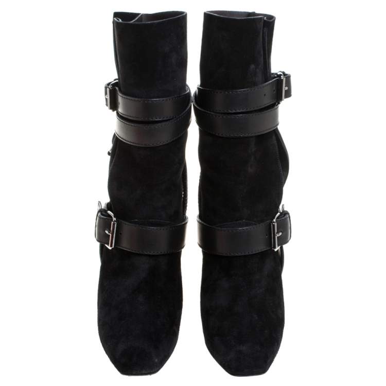 Pre Owned Christian Louboutin Black Suede Leather Guerriere 120 Buckle Platform Ankle Boots Size 38.5
