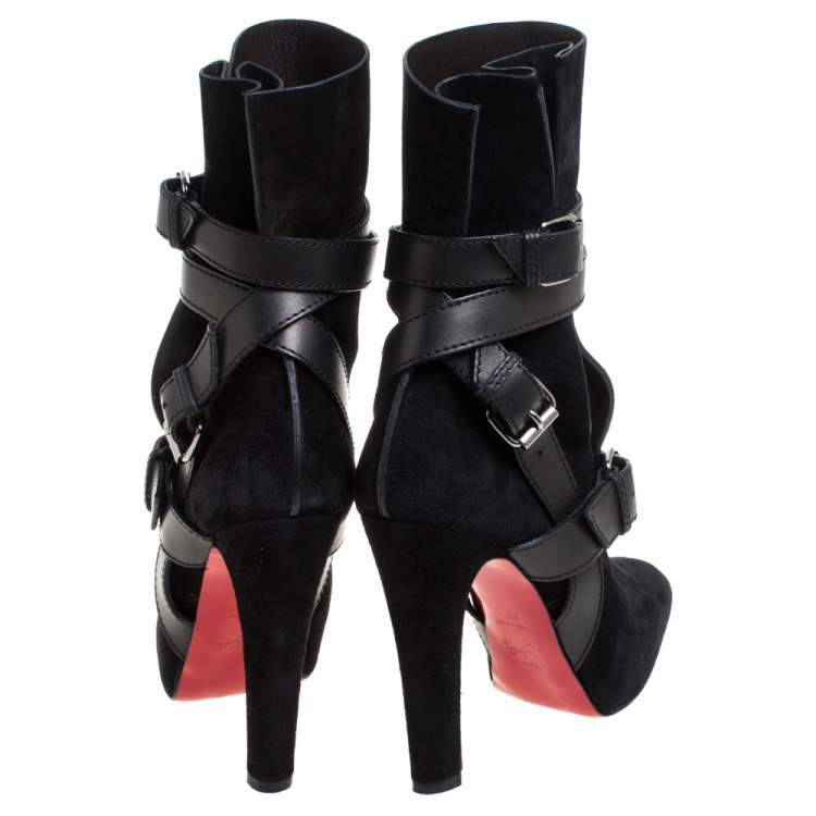 Pre Owned Christian Louboutin Black Suede Leather Guerriere 120 Buckle Platform Ankle Boots Size 38.5